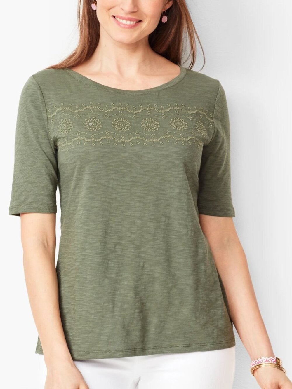 Talbots Petites MP Olive Green Floral Embroidered Cotton Scoop Neck T-Shirt NWOT